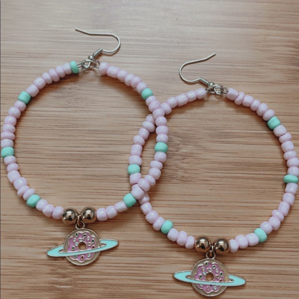 Space donut handcrafted glass bead earrings🍩🪐